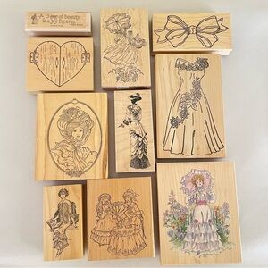 Rubber Wood Mount Stamp Lot Feminine Dress Floral Women Bows Hearts Figures